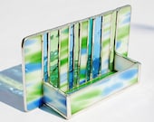 Stained Glass Business Card Holder Cobalt Blue Peridot Green Art Glass Modern Contemporary Office Fathers Day Handmade OOAK Striped - GaleazGlass Stained Glass Business Card Holder Cobalt Blue Peridot Green Art Glass Modern Contemporary Office Fathers Day Handmade OOAK Striped - GaleazGlass