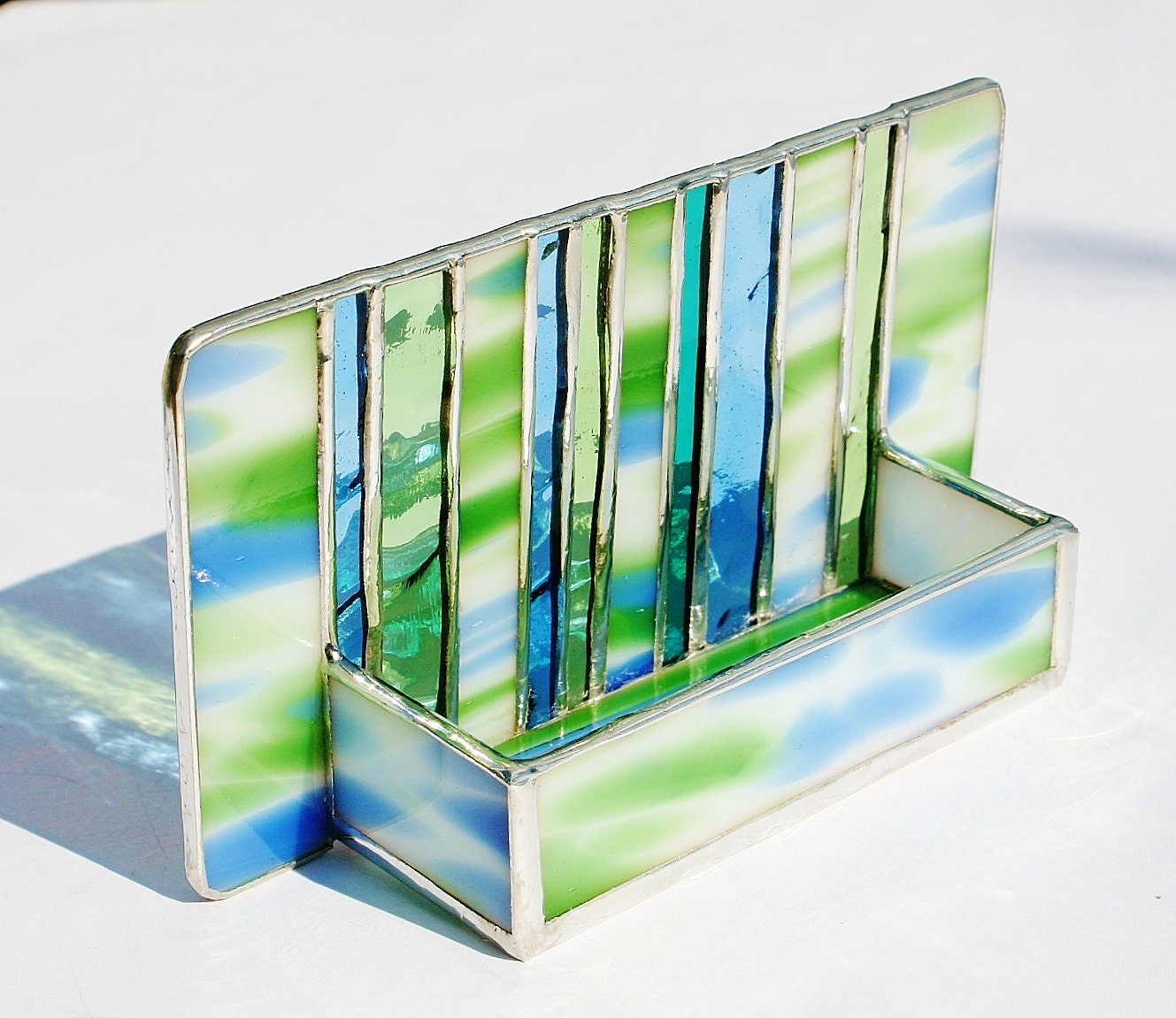 Stained Glass Business Card Holder Cobalt Blue Peridot Green Art Glass Modern Contemporary Office Fathers Day Handmade OOAK Striped