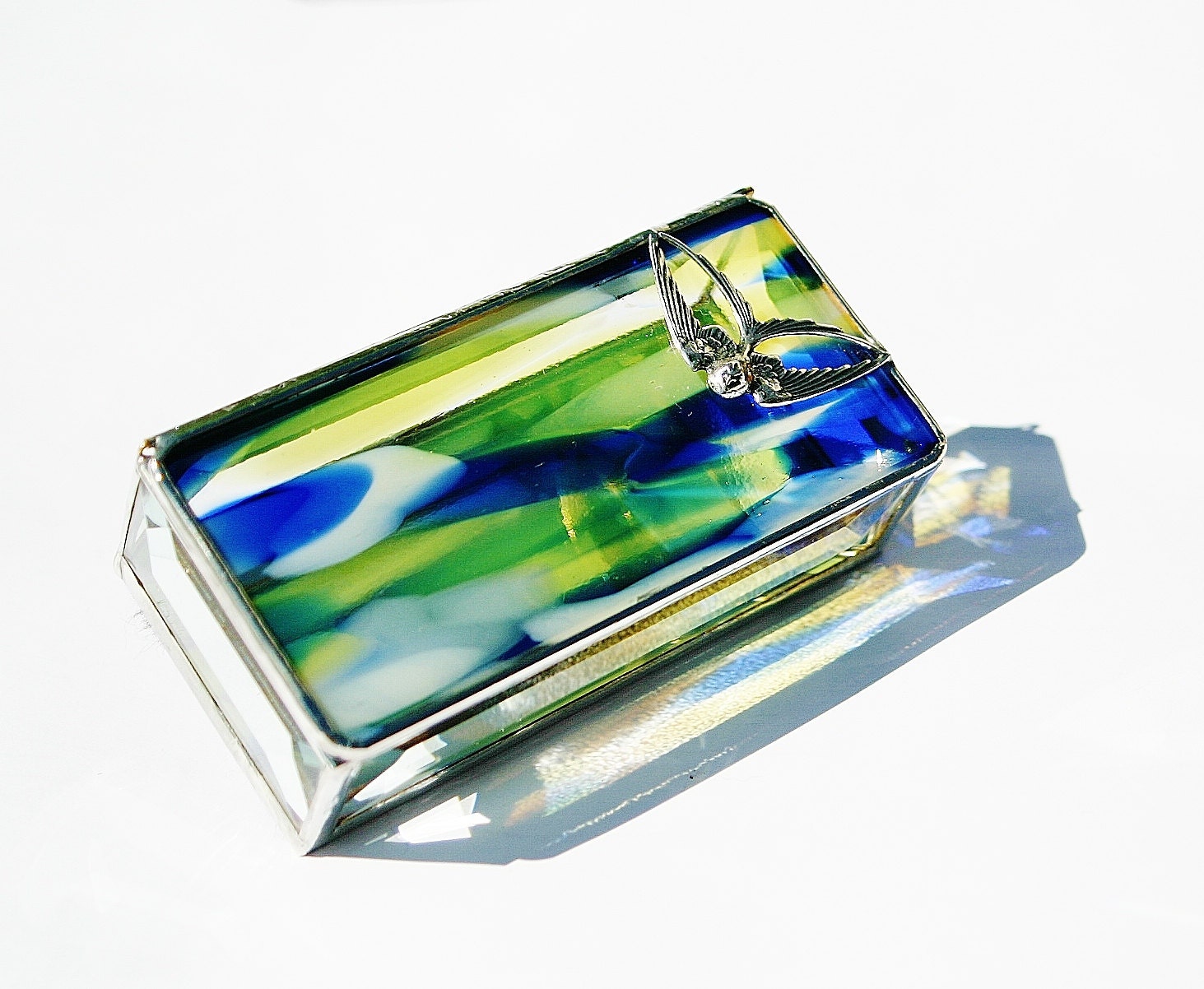 Stained Glass Box Cobalt Blue Yellow White Spirit Art Glass 2x4 w/ Soaring Swallow Bird Handmade OOAK