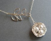 Mothers Day Necklace, Silver Bird Nest Necklace, Silver Lariat Branch Necklace