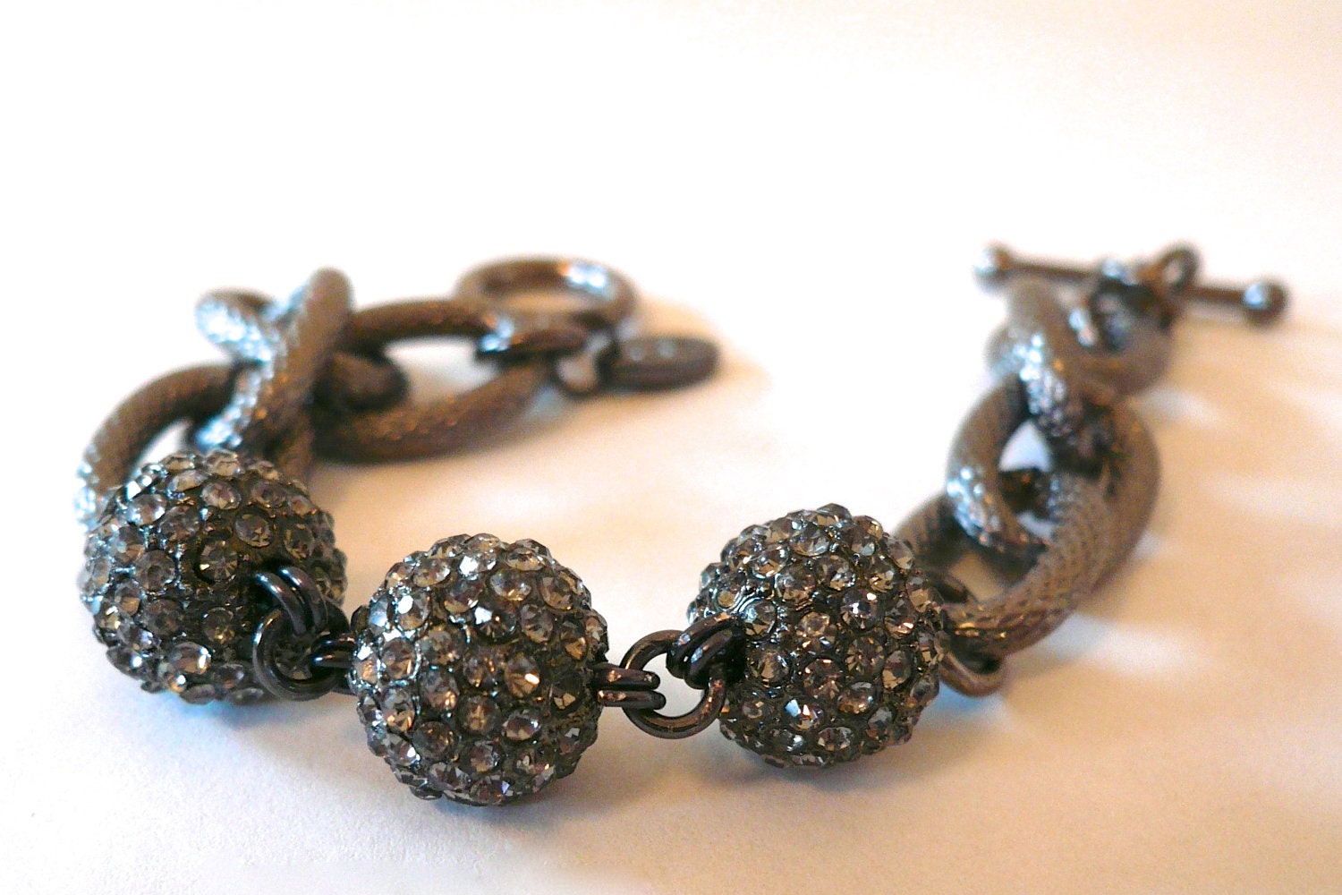 Textured Gunmetal link & pave ball bracelet