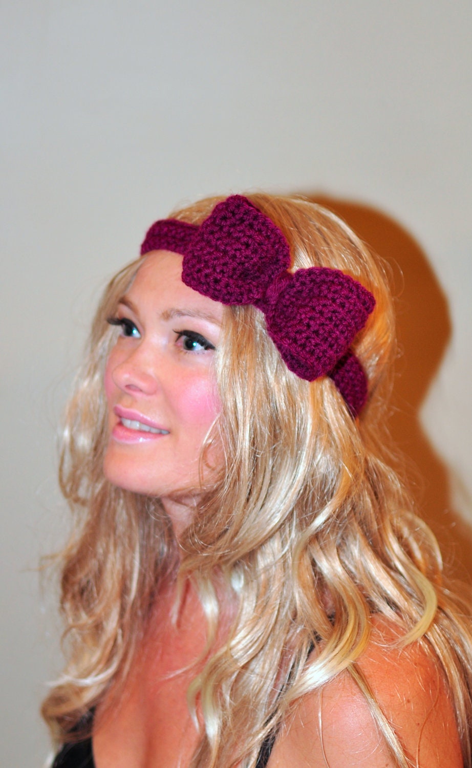 Crochet Headband Bow Wild Berry Headwrap  Berry Red Raspberry Crochet Headband Girly Cute Adjustable Gift under 25