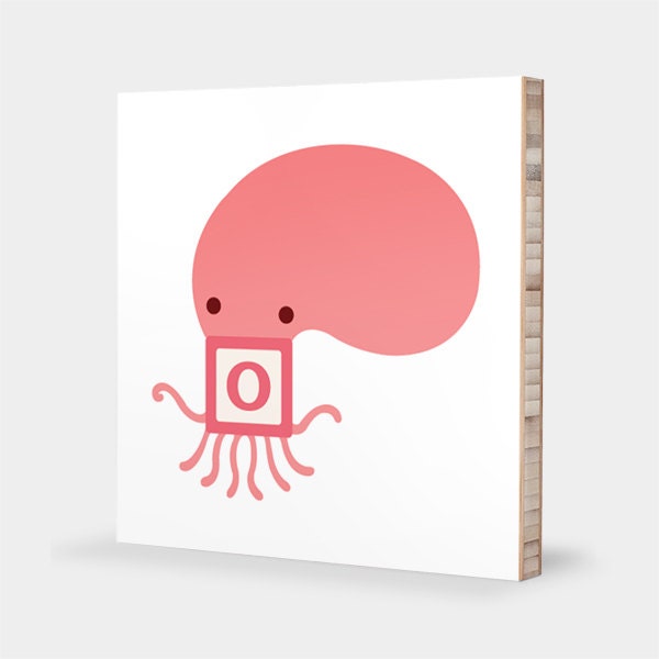 O for Octopus : ABC Block Bamboo Wall Art Series // Alphabet Kids Wall Art Nursery Room Decor Animal Art 4 x 4