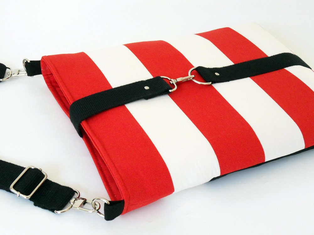13 inch MacBook or Laptop sleeve /  Laptop bag / with attachable strap - Red Stripe Canvas and Black Strap Closure, Design by BagyBags