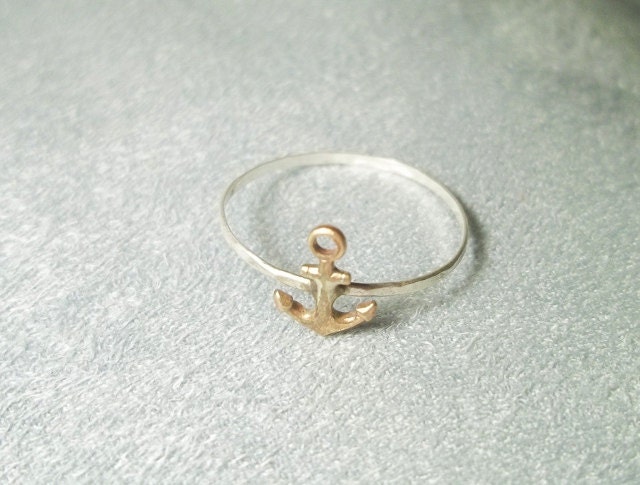 Brass Anchor Ring, Hammered Sterling Silver Ring, Handforged, Sea, Sailing, Nautical Jewelry, Unisex Ring