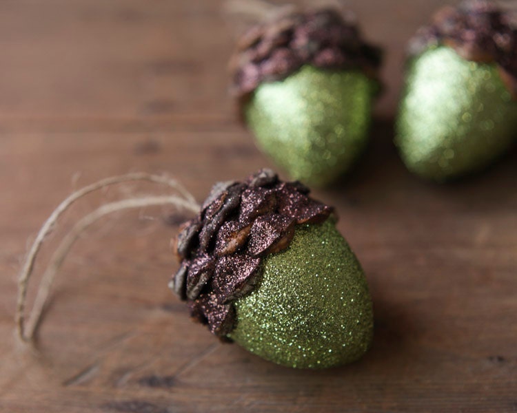 Acorn Ornaments, Moss Green Shimmer, Rustic Woodland Decor - Set of 3
