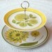 Yellow & Green Daisies Mod Hostess Stand, 2 Tier Vintage Plates Cupcake Display Centerpiece for Birthday Party, Cookies or Kid Treats