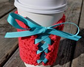 SauCY Corset Style Crochet Coffee Sleeve Reusable Hot Cold Drink Cozy Cotton Coral Guava Aqua Turquoise Ribbon Eco Friendly
