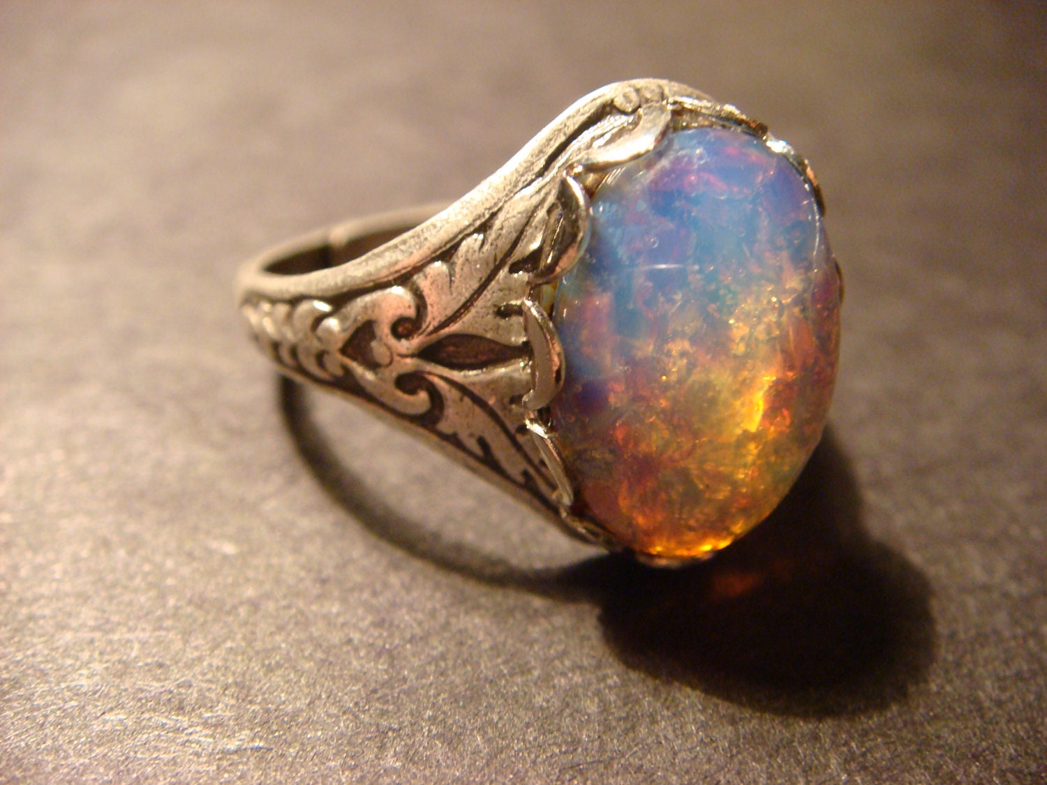 Victorian Style Fire Opal Antique Silver Ring- Adjustable (473)