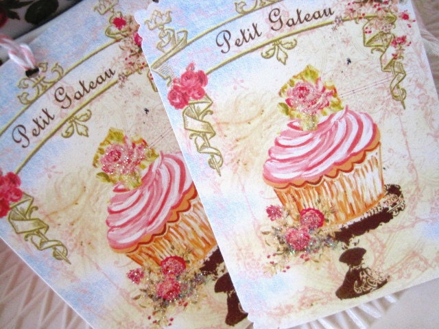 French Pastry CUP CAKES Gift Tags no225 - Shabby - Pink - Roses - Embossed - Birthday - Tea Party - Wedding - Shower - Buy 3 Get 1 Free