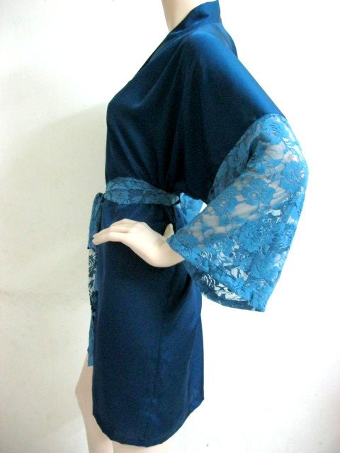 BIG SALE from Usd 45 - Silk Satin Kimono Robe in TEAL-Lace- Short Kimono Gift for Her Bridesmaid Robes Wedding Robes Loungwear