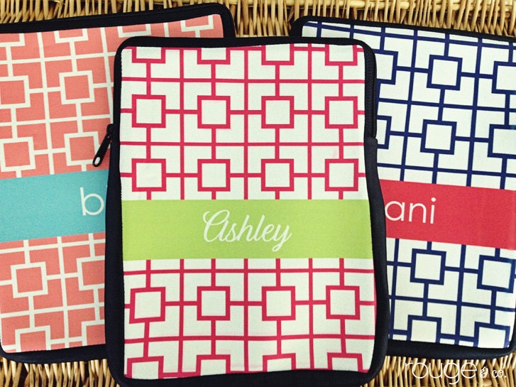 iPad or kindle sleeve - REVERSE SQUARES pattern with monogram