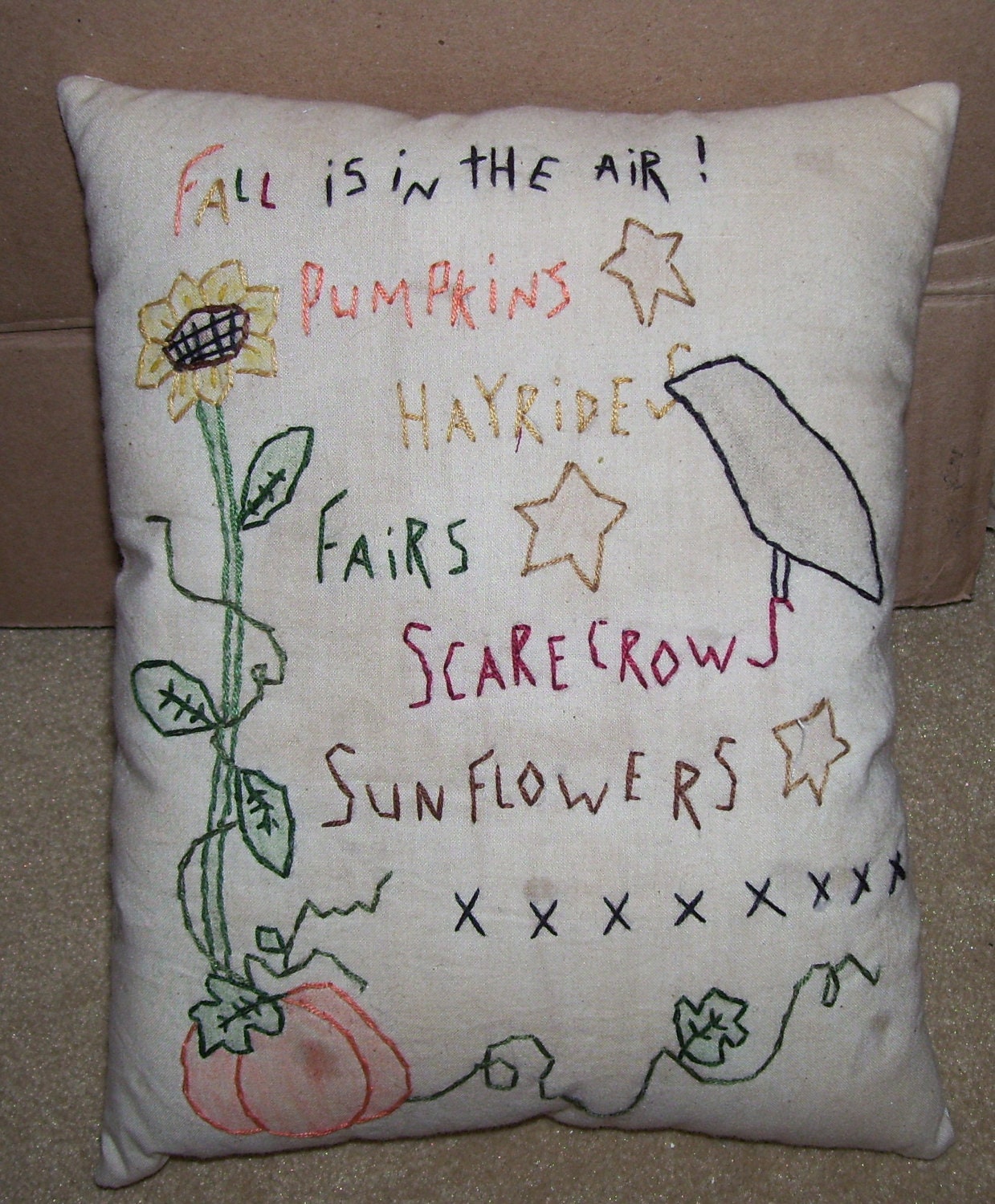 Primitive Fall Autumn Stitchery Pillow