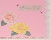 Pretty in Pink Blank Greeting Card - Flowers, Gold Glitter Butterfly, Beige Pearls, Gemstones, Rose, Yellow, Green, Lacy Scalloped Papers