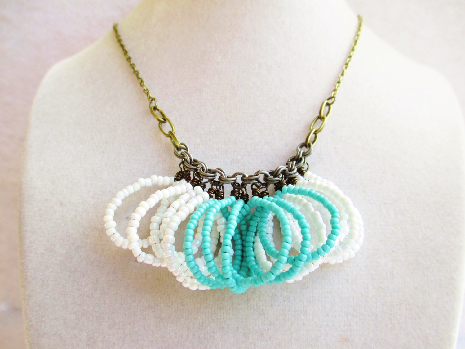Beaded Fringe Loops Teal & White Boho Style Dangly Necklace