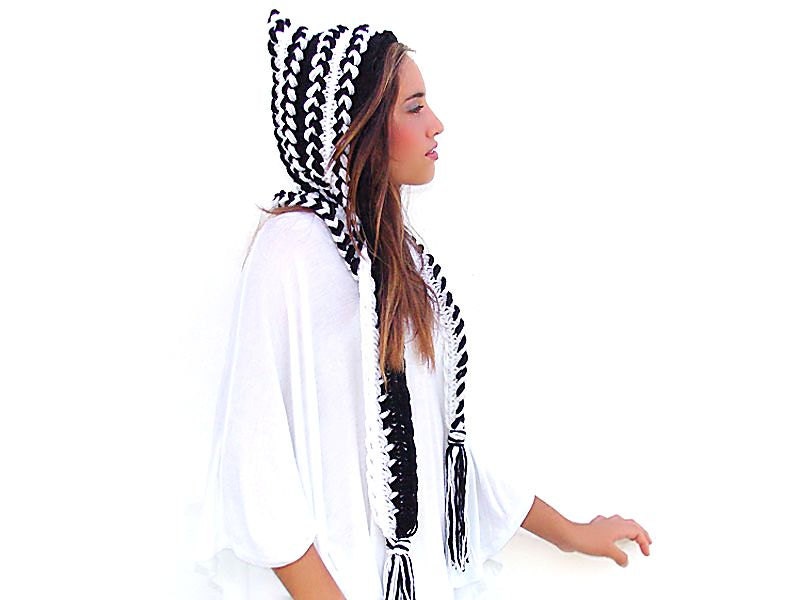 Crochet  hat - hood, hooded scarf, crocheted neck warmer, black white braids
