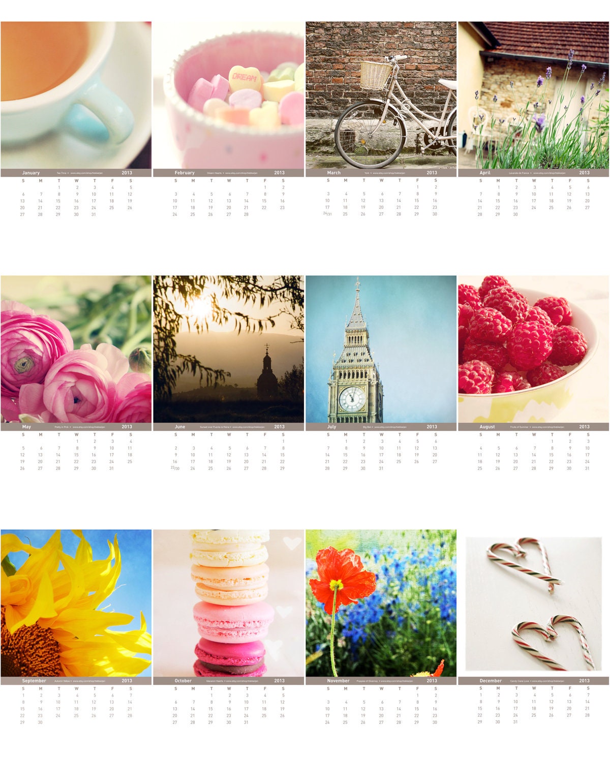 2013 Calendar, 12 Month Calendar,  Desk Calendar, Photography Calendar, food, travel, blooms, flowers, macarons, vintage bike