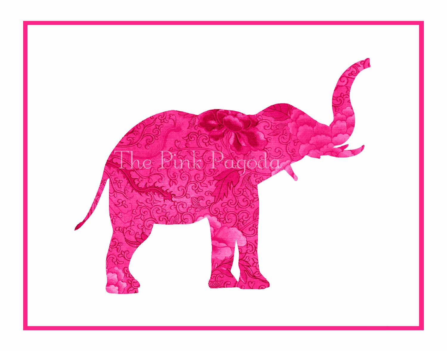 Pink Chinoiserie Floral Elephant Silhouette Facing Right Giclee 11x14 - thepinkpagoda