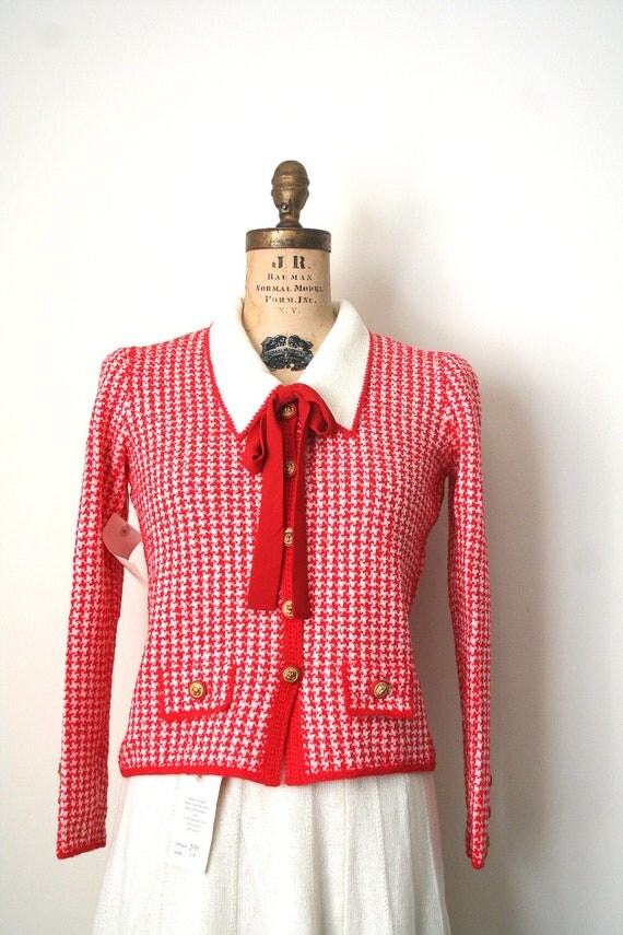 vintage ladies SUIT sweater & knit skirt / red bow FRENCH CHIC Laura Yang - deadstock - nos