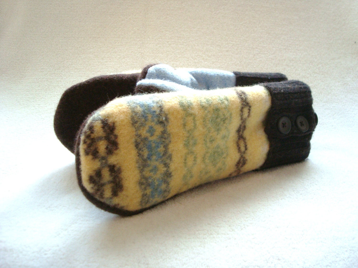 Felted Wool Mittens YELLOW BROWN Fair Isle Sweater Wool, Cashmere Lined by WormeWoole