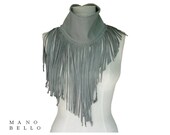 Grey Fringe Leather Cowl Scarf, Soft Deerskin Neck Piece in stock