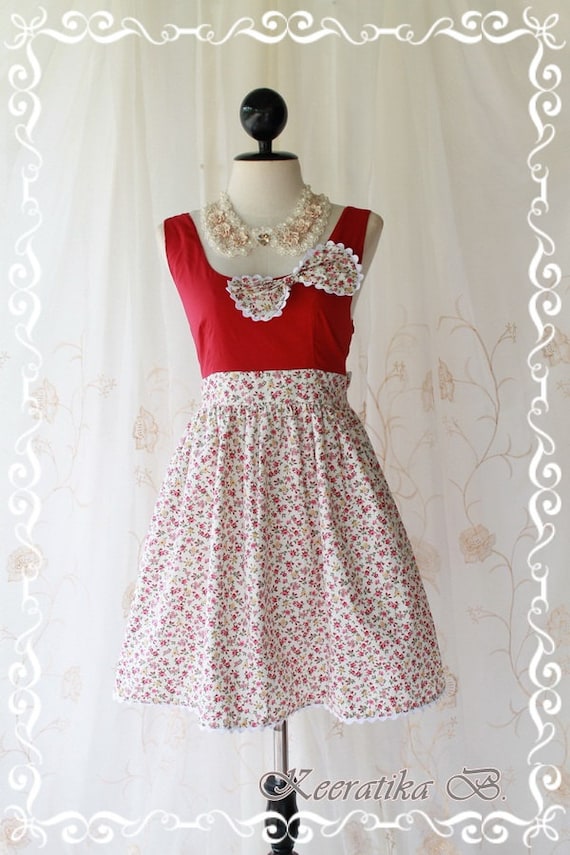 Summer Time II - Stunning Spring Summer Sundress Burgundy Top Petite Floral Printed Skirt Embroidered Matching Bow Girly Style