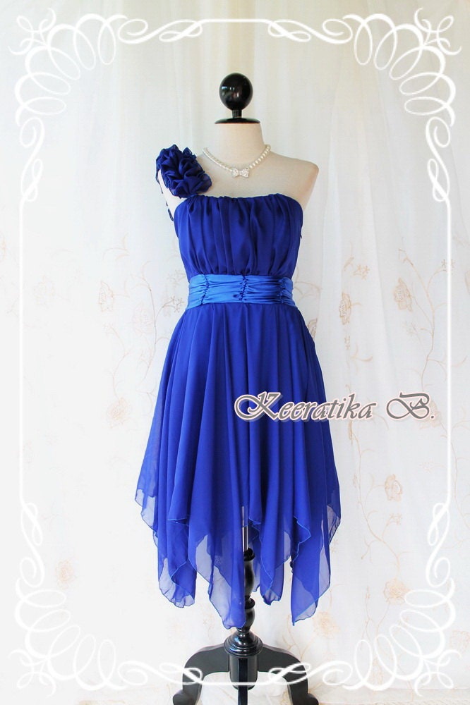 Juliet's Party - Royal Blue Cocktail Dress One Shoulder Strap Pleated Top Asymmetric Sharp Hem Prom Party Wedding Bridesmaid Dress M-L