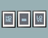 Blue and Grey Love Lives Happy Here, Home Sweet Home,Customized State Map 3 ps print set 11x14 by Yasisplace - YassisPlace