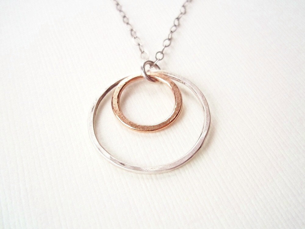 Circle Necklace. Hammered Sterling Silver Necklace. Mixed Metal Modern Jewelry