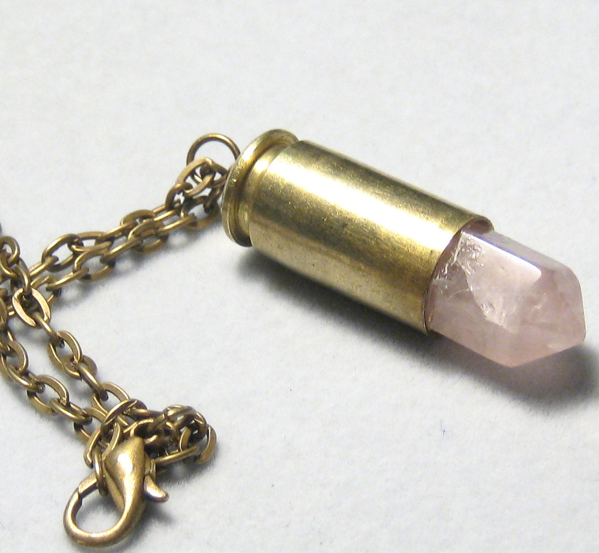 Rose Quartz Crystal Brass Bullet Necklace