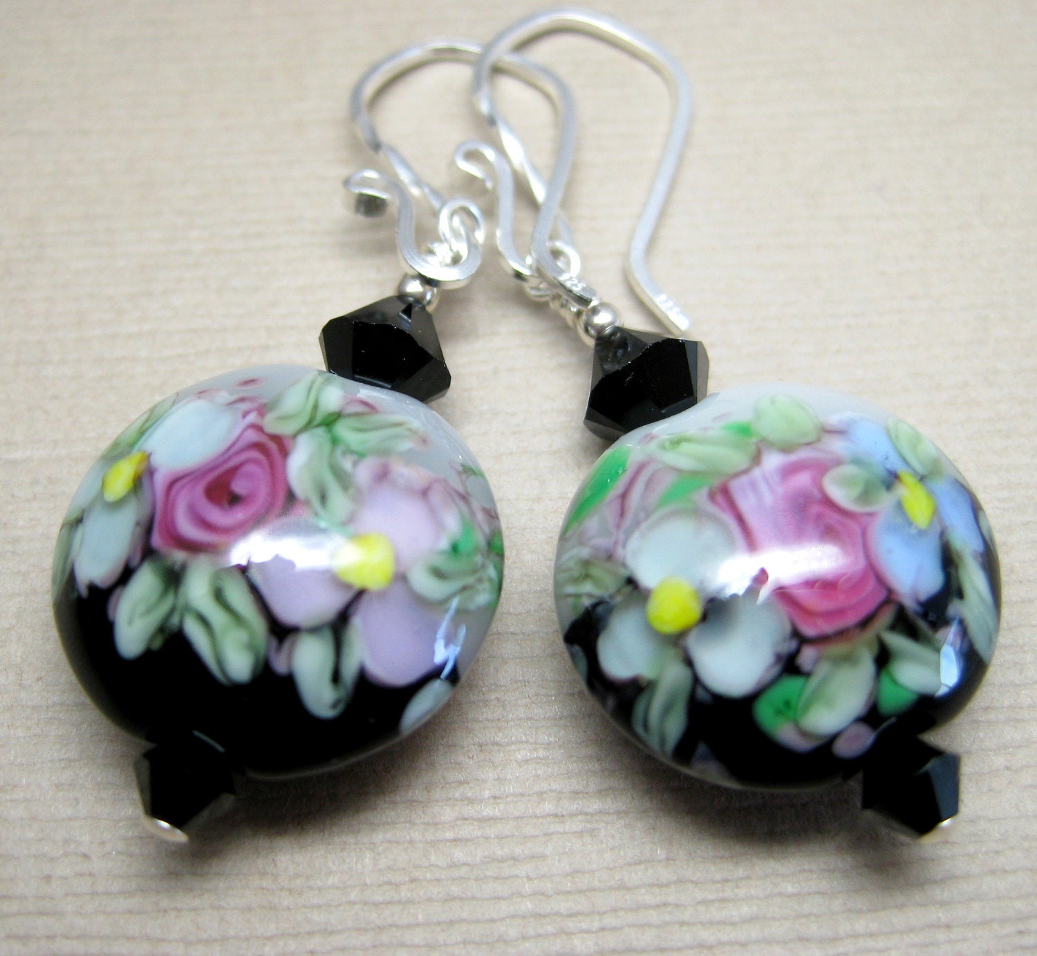 Floral lampwork earrings, Black white earrings, Glass bead earrings, pink blue flower earrings, Sterling silver, Swarovski crystals