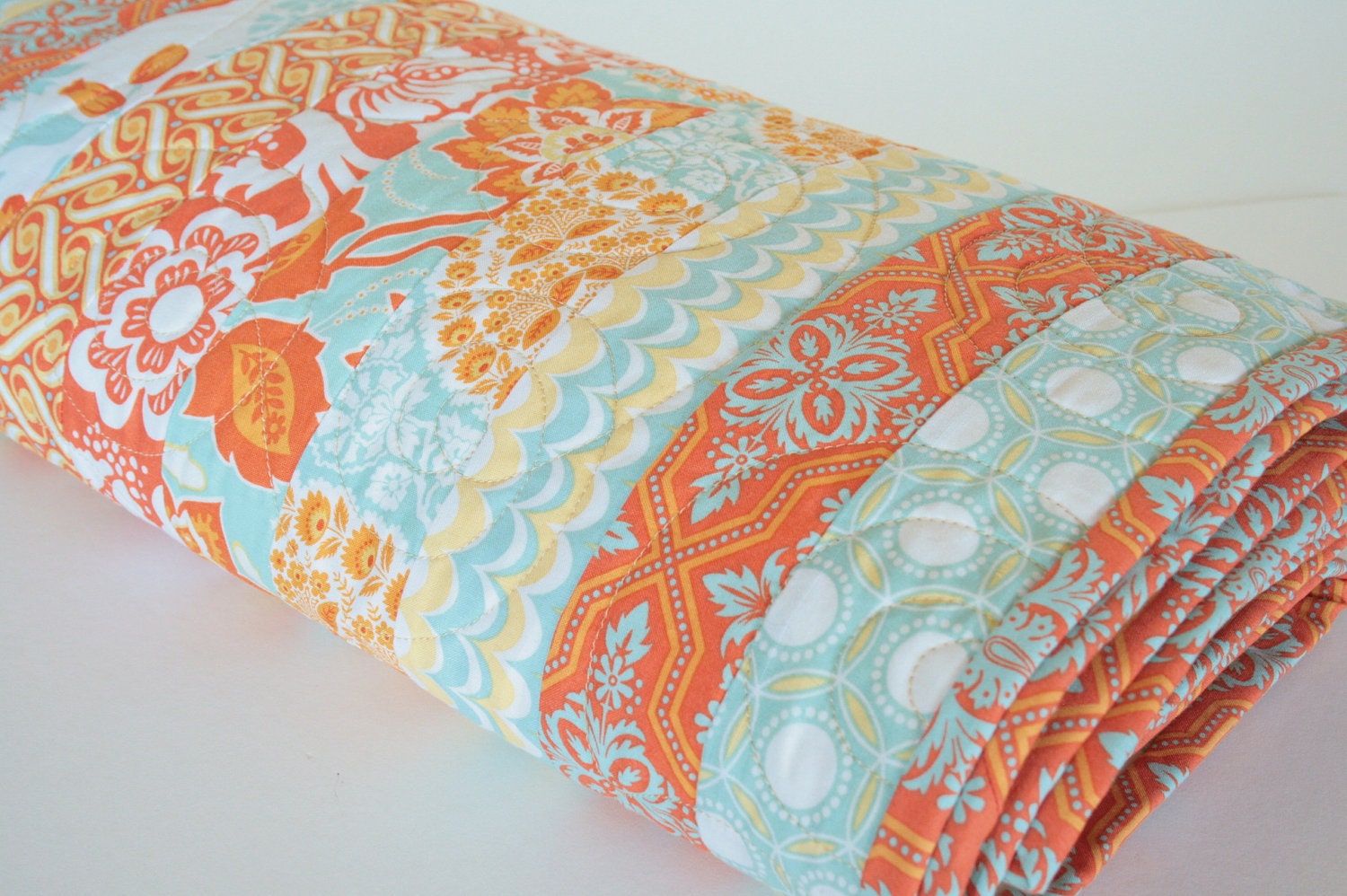 Modern Handmade Bed Quilt, Quilted Coverlet, Heirloom Quilt, Bedroom Decor in Orange, Aqua and Yellow