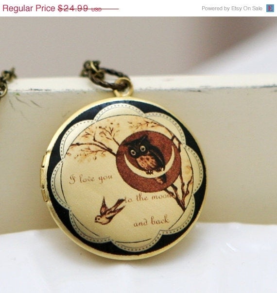 ON SALE Moonlight Owl,Locket,Owl Locket,Brass locket,Owl,Love,Bird,Antiqued Locket,Vintage Locket -I love you to the moon and back