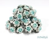 100 Blue & White Mulberry Paper Rose Flower handmade size 1.5 cm. ,scrapbooking