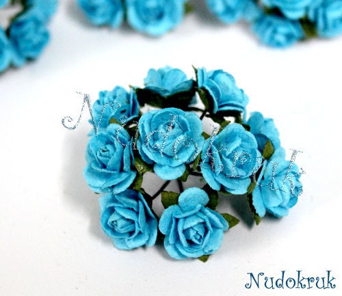 100 Blue color Mulberry Paper Rose Flower handmade size 1 cm. ,scrapbooking