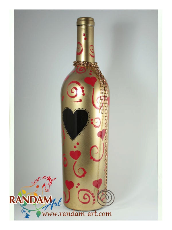 Painted Glass Incense Smoking Bottle Upcycled Wine Bottle Gold and Red Hearts