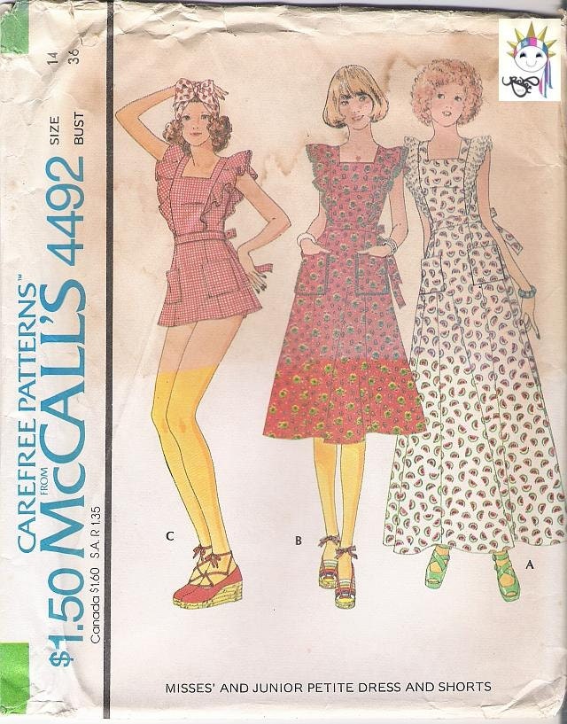 70s Womens Petite Dress Patterns Apron Dress Patterns Shorts Patterns1970s Patterns McCalls 4492 Size 14 Uncut FF Vintage Supplies YacketUSA