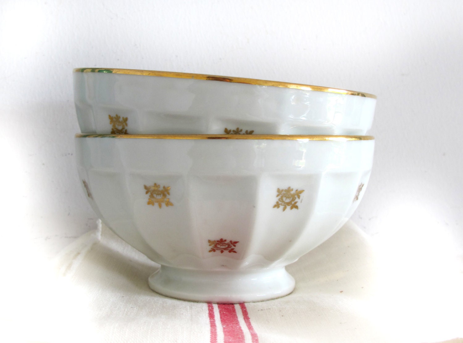 set of 2 french cafe au lait bowl ,country goldy flowers, fine porcelain, goldy and white