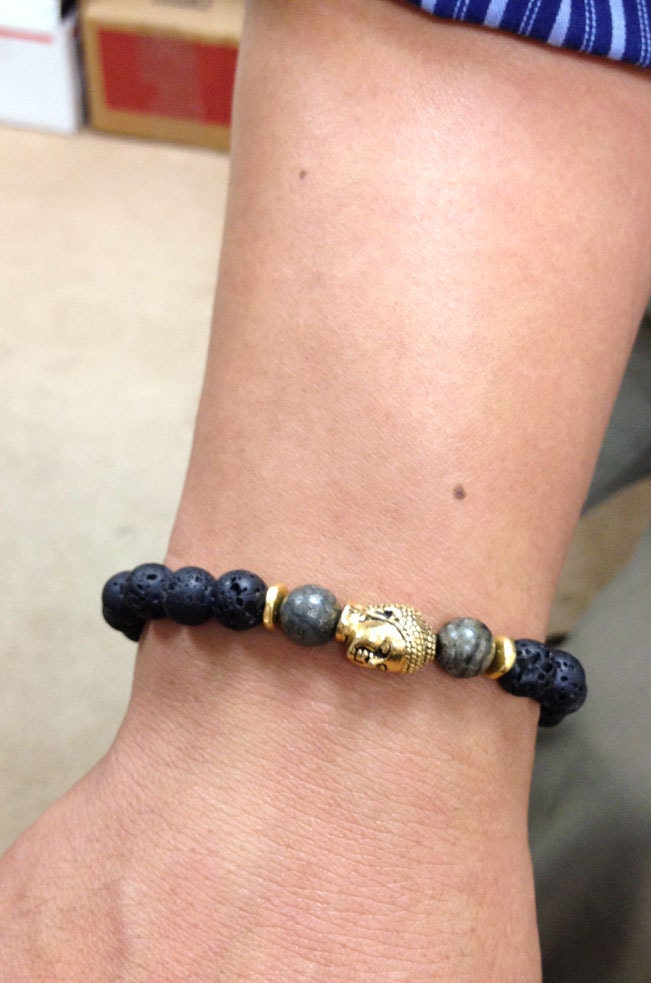 Black Lava and Pyrite gemstones Beaded Bracelet with Gold Buddha Bead for MEN