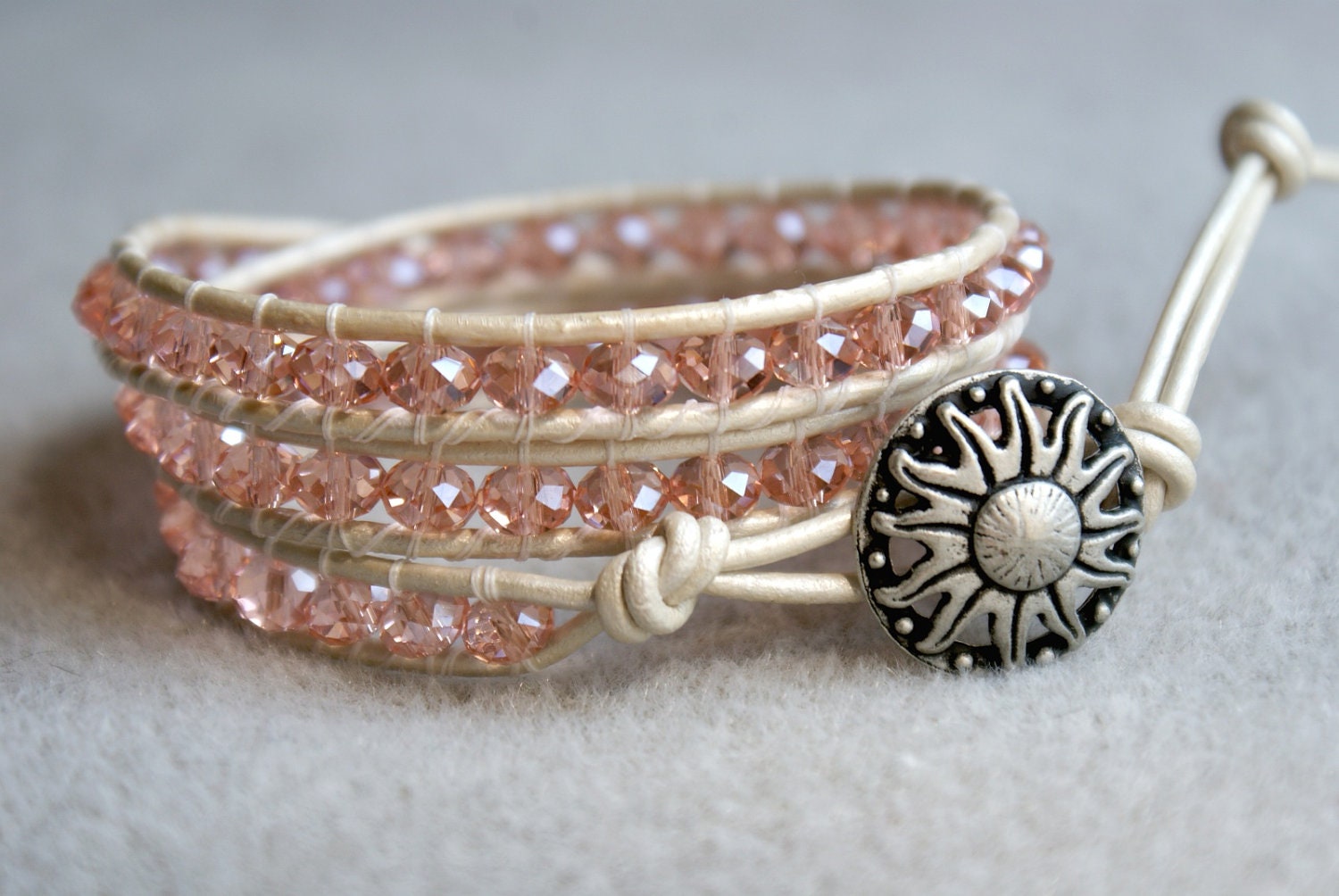 SPRING SALE Pink bridal boho sparkling beaded leather wrap bracelet, 3x, bohemian jewelry, trendy, crystals, flower, white, pearl