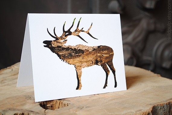 Elk Card - Eco Friendly, Recycled : Silhouette In Bark, Wild Pulp Stationery - Animal Antler Art, Nature Photography