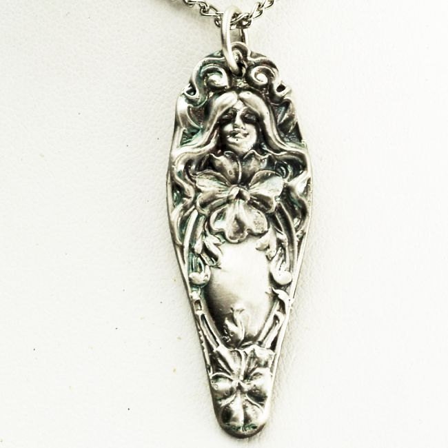 Spoon Pendant of Art Nouveau Goddess with Pansies Sterling Silver (P015)