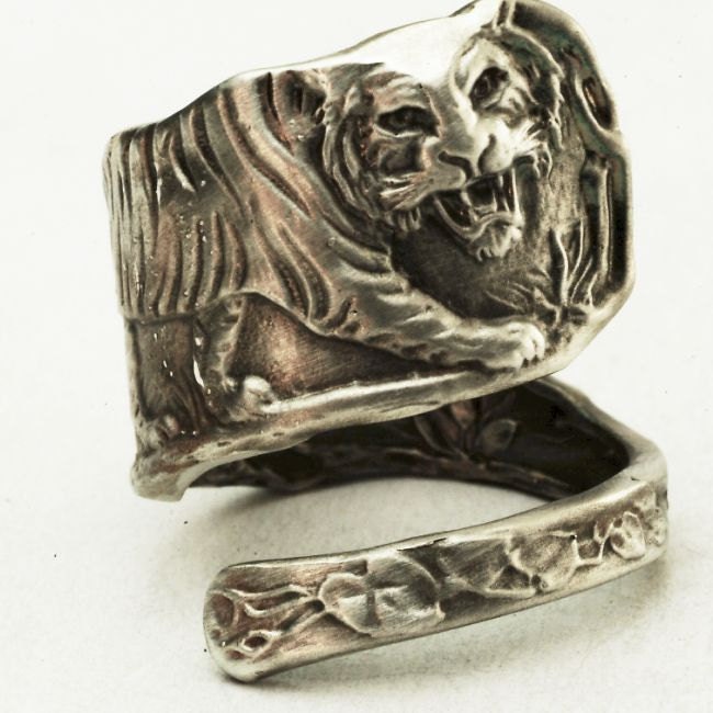 RESERVED For TreasureGrotto - Sterling Silver Spoon Ring Vintage Tiger Pattern, Handmade in Your Size (2922)