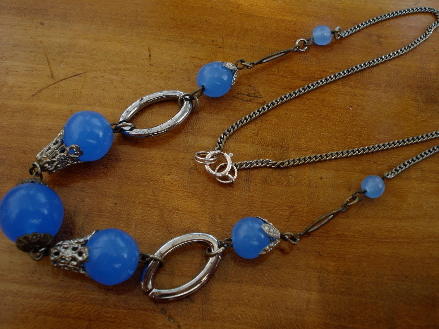 Art Deco Necklace Chrome and Blue Glass 1920's 1930's