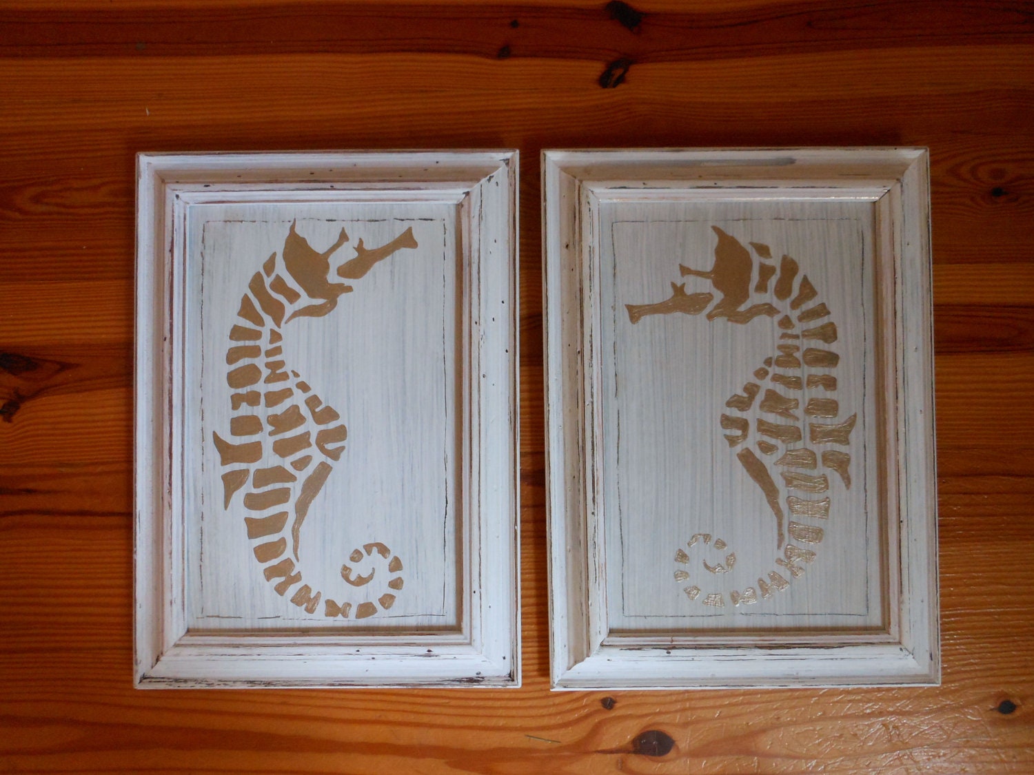 Framed Seahorse White and Champagne Gold Nautical Decor for Coastal Living by searchnrescue2