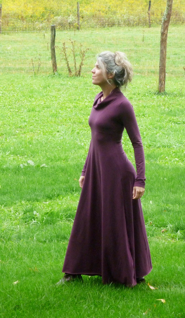 Organic Clothing - Maxi Dress with Cowl Neck - Organic Cotton - Shown in Plum - Made to Order