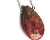Teardrop pendant necklace, natural stone pendant, pastel pink, fuchsia and green Rhodonite Jasper Bead, Earthy Woodland Jewelry