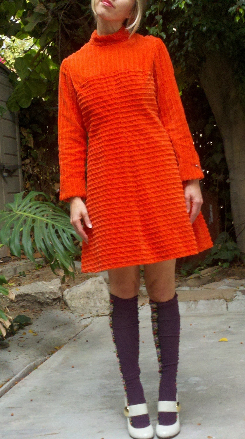 Vintage 1960s Dress Tomato Red Corduroy Babydoll Dress