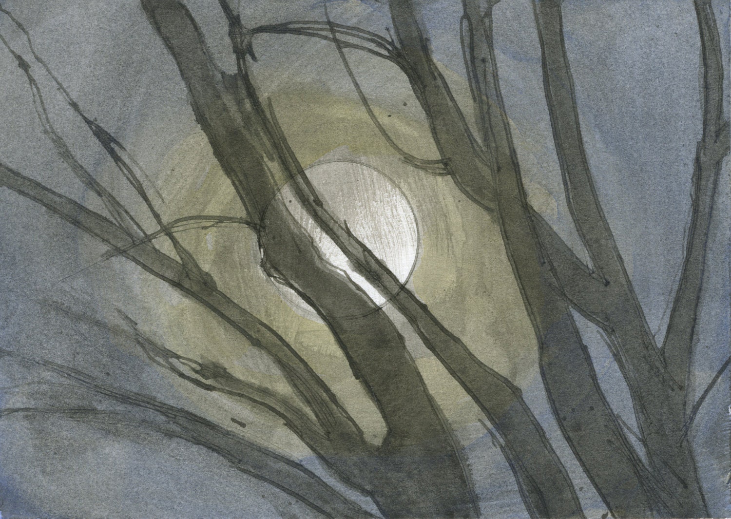 Digital Print: Full Moon Caught by Branches