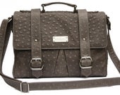 Luxury Ostrich Print Grey/Gray Leather Satchel with Bird print lining
